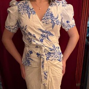 Flying Tomato Cream Wrap Blouse with Blue Floral Print